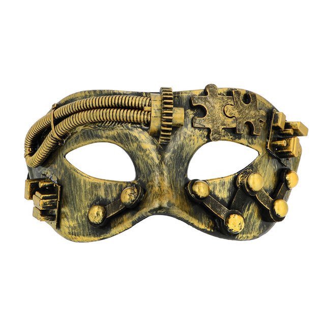 Bronskleurig steampunk oogmasker met puzzelstukjes, buisjes en klinknagels, vooraanzicht