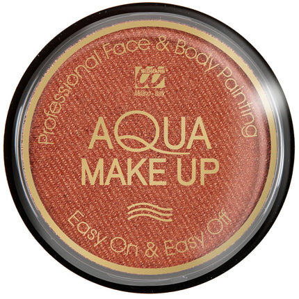 Bronze schmink aqua metallic in rond doosje met doorzichtig deksel en gouden opdruk, voor carnaval