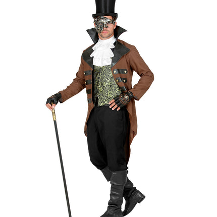 Bruine slipjas van het steampunk pak heren Berry met zwarte bandjes en goudkleurige knopen vooraan