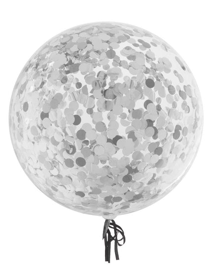 Bubbelballon transparant van 46 cm gevuld met zilveren folieconfetti, opgeblazen als feestdecoratie