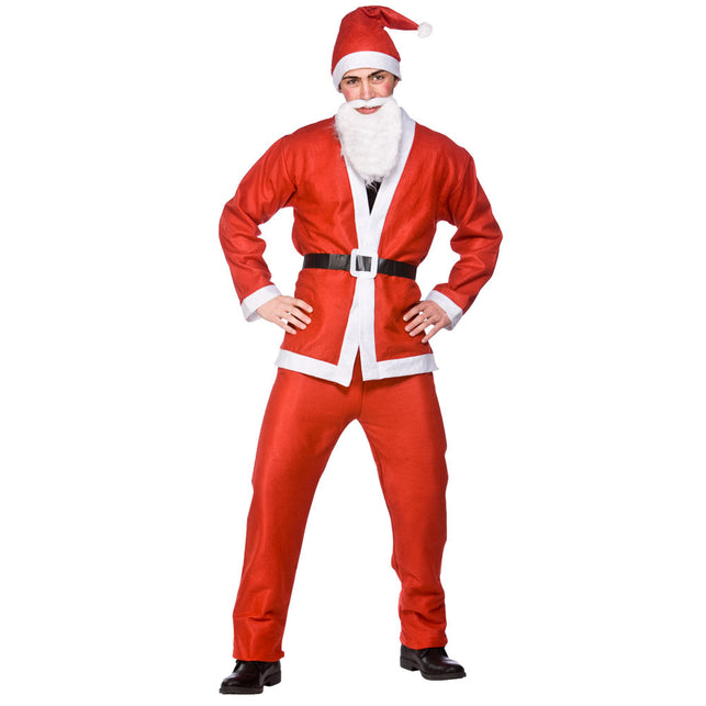 Budget kerstman 5delig in rood met witte biezen, zwarte riem, witte baard en muts voor heren