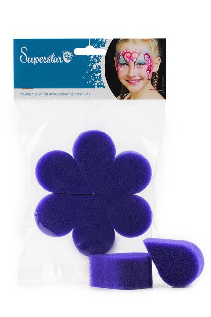 Butterfly schminkspons paars in bloemvorm, 6 stuks in Superstar-verpakking voor schminken