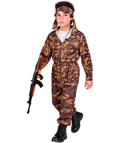 Camouflagepak voor jongens met ritsjas, strikriem in de taille en losse hoofdband