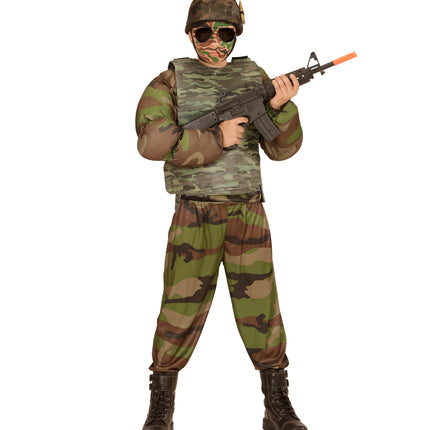Camouflagevest kind op volledige legeroutfit met camouflagebroek en helm