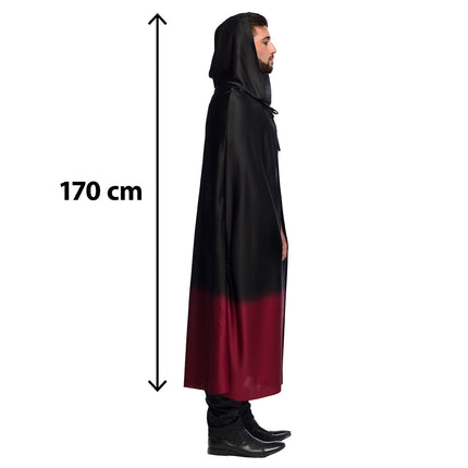 Cape Fade zwart/rood van zijkant met maatindicatie 170 cm inclusief kap