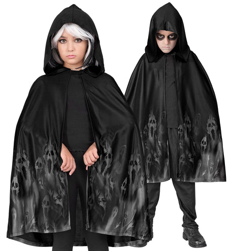 Cape geest zwart 75 cm met capuchon en spookprint, gedragen door twee kinderen voor Halloween