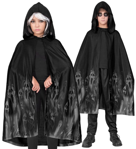 Cape geest zwart 90 cm met capuchon en spookprint, gedragen door meisje en jongen voor Halloween