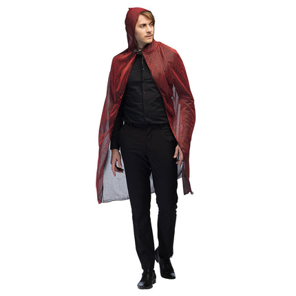 Cape Night sky rood op heren, rode glittercape tot over de kuiten met zwart halskoordje