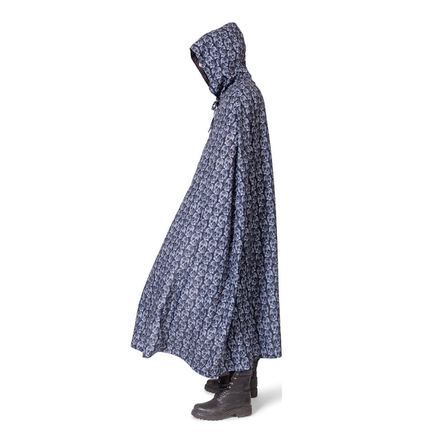 Cape met schedelprint van opzij, kuitlange val en puntige kap