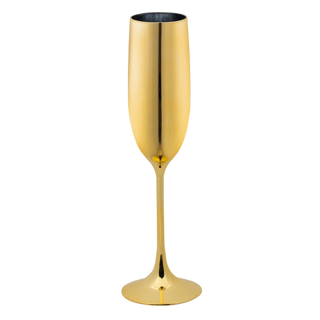 Champagneglas goud van kunststof met slanke kelk, hoge steel en ronde voet, 22,5 cm hoog