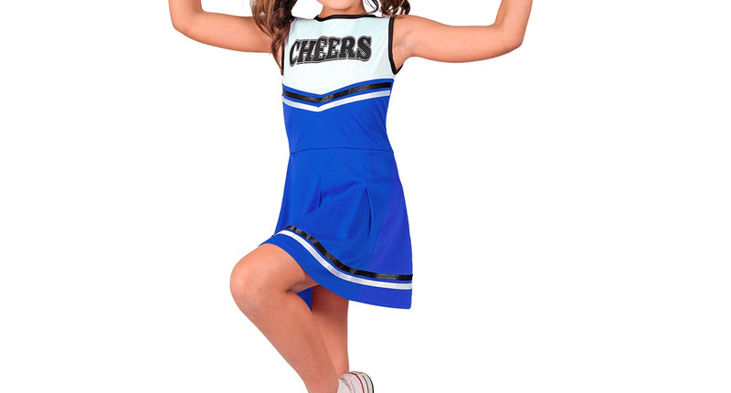 Cheerleader blauw kostuum Maudje kinderen, mouwloze blauwe jurk met wit CHEERS-lijfje, gedragen door meisje voor carnaval