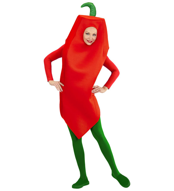 Chilipeper kostuum gedragen door een vrouw, rood peperpak met gebogen groene steel