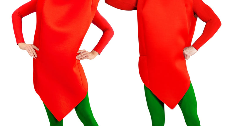 Chilipeper kostuum heren, rode peper met groene steel, gedragen door een man en een vrouw voor carnaval