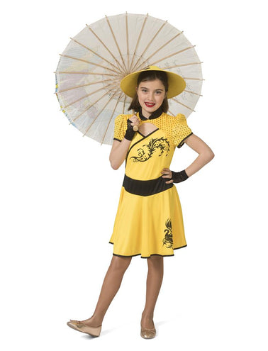 Chinese jurk Ling meiden in geel met zwarte opstaande kraag en rankenprint op de borst, voor carnaval