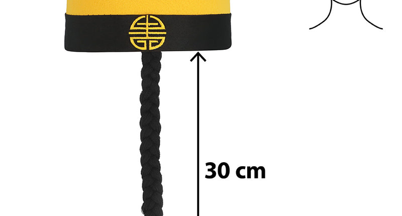 Chinese keizerhoed geel met zwarte rand, pompon en vlecht van 30 cm, hoofdomtrek 58 cm