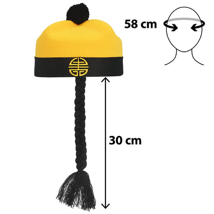 Chinese keizerhoed geel met zwarte rand, pompon en vlecht van 30 cm, hoofdomtrek 58 cm
