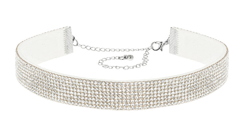 Choker Crystal zilver met strass steentjes, brede band met rijen heldere steentjes van voren