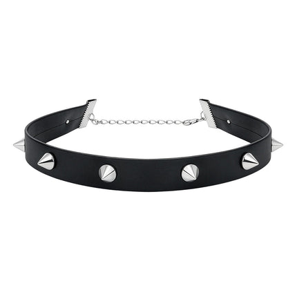 Choker studs zwart met zilverkleurige kegelvormige punten en verlengketting met karabijnhaak voor een punklook