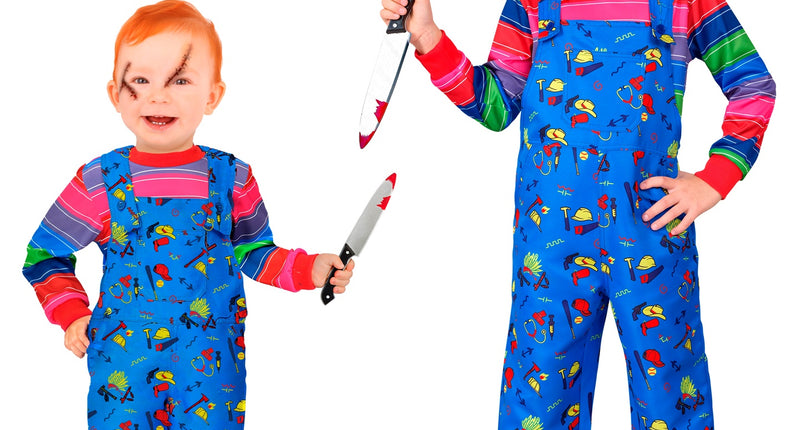 Chucky kostuum kinderen: blauwe overall met gereedschapsprint en gestreept shirt, in twee maten op Halloween