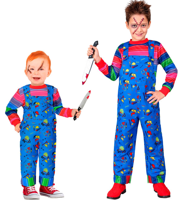 Chucky kostuum kinderen: blauwe overall met gereedschapsprint en gestreept shirt, in twee maten op Halloween