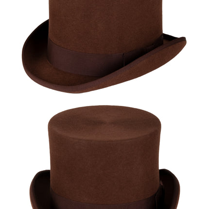 Cilinderhoed bruin wolvilt met platte strik zijkant, maten M, L en XL