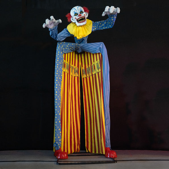 Clown ingang 290 cm animatronic met geel-rood gestreepte doorgang en ENTRANCE-opdruk voor Halloween