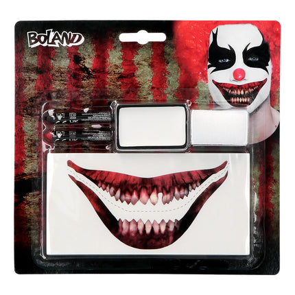 Clown schminkset Terrible clown van Boland met stickertattoo mond, witte vetschmink, zwarte en rode stick en sponsje