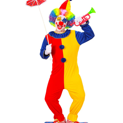 Clownspak kind Duo op jongen: blauwe mouwen, geplooide kraag en twee blauwe pompons op de voorkant