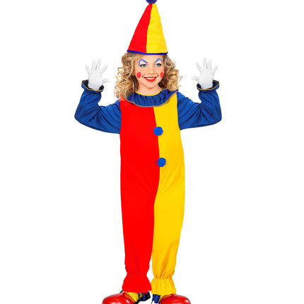 Clownspak kind Duo op meisje, rood-gele jumpsuit met elastieken boorden aan de broekspijpen