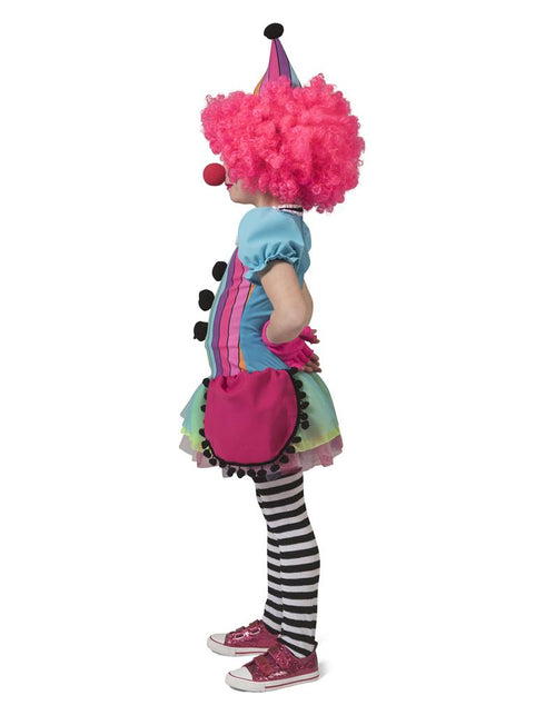 Clownspakje Mila van de zijkant: roze heupstuk, lichtblauwe pofmouw en pomponrand langs de rok