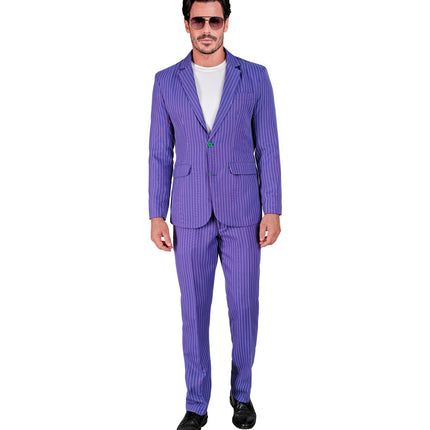 Colbert en broek van het clown suit in paars met dunne lichte streep, vooraanzicht
