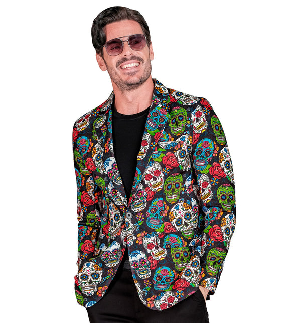 Colbert day of the dead Skully dichtgeknoopt met één knoop, gedragen over een zwart shirt