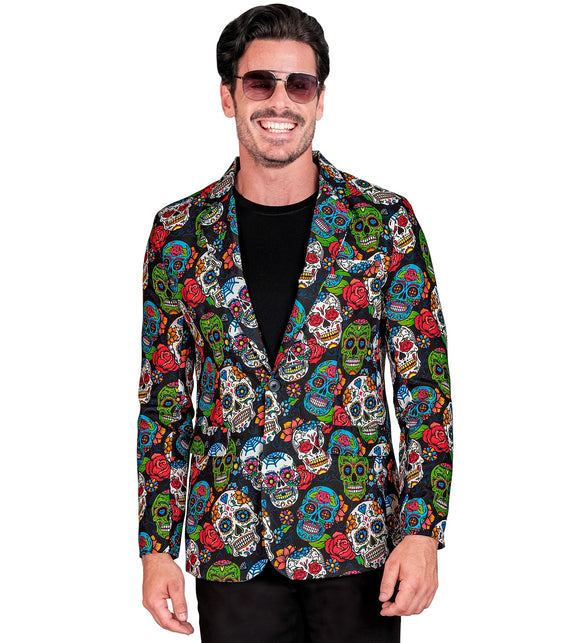 Colbert day of the dead Skully met kleurrijke sugar skulls en rode rozen, voor heren op Halloween