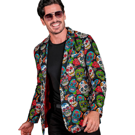 Colbert day of the dead Skully open gedragen, met rode voering zichtbaar aan de binnenkant