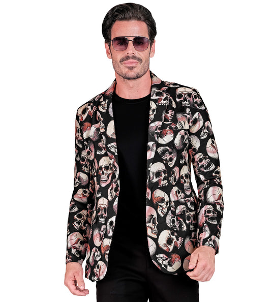 Colbert schedels Happy voor heren, zwart jasje met beige en roze doodskoppenprint