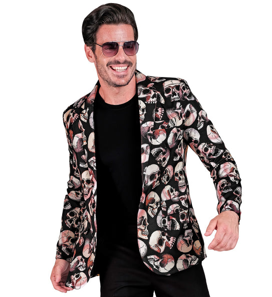 Colbert schedels Happy open gedragen over zwart shirt, schedelprint tot in de mouwen