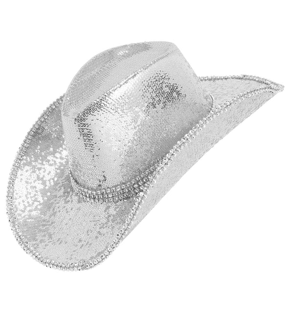 Cowboy hoed met zilveren pailletten en strassrand, brede opgerolde rand, vooraanzicht