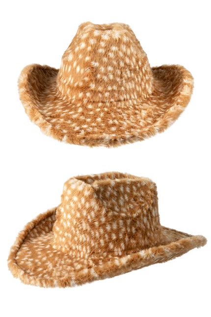 Cowboyhoed van bontlook met bruin-witte hertenprint en opgekrulde rand, voor een westernfeest