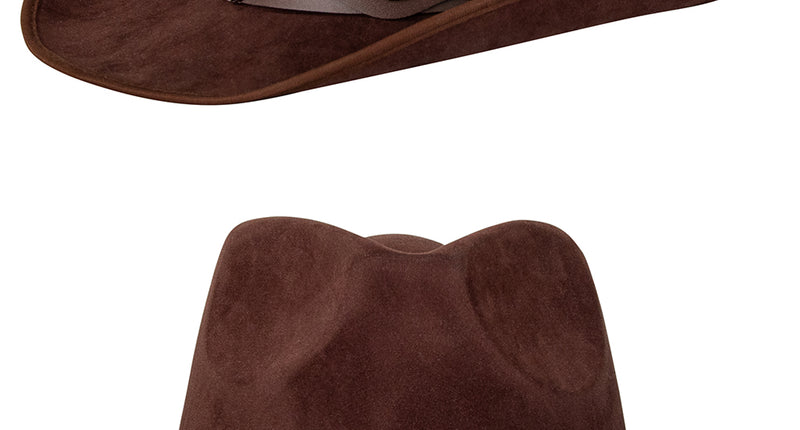 Cowboyhoed bruin leatherlook met longhorn-sierband, van boven en van voren gezien
