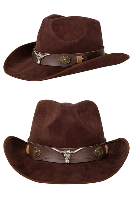 Cowboyhoed bruin leatherlook met longhorn-sierband, van boven en van voren gezien