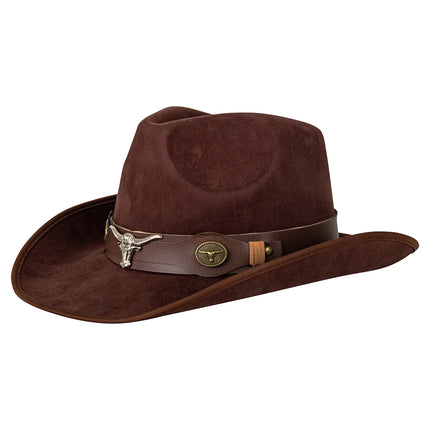 Cowboyhoed bruin leatherlook zijaanzicht met opgekrulde rand voor een westernfeest