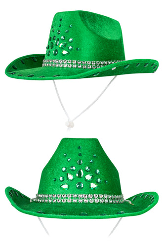 Cowboyhoed groen met groene strass op de bol en zilverkleurige sierband, voor een westernfeest