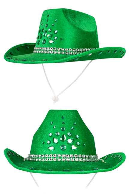Cowboyhoed groen met groene strass op de bol en zilverkleurige sierband, voor een westernfeest