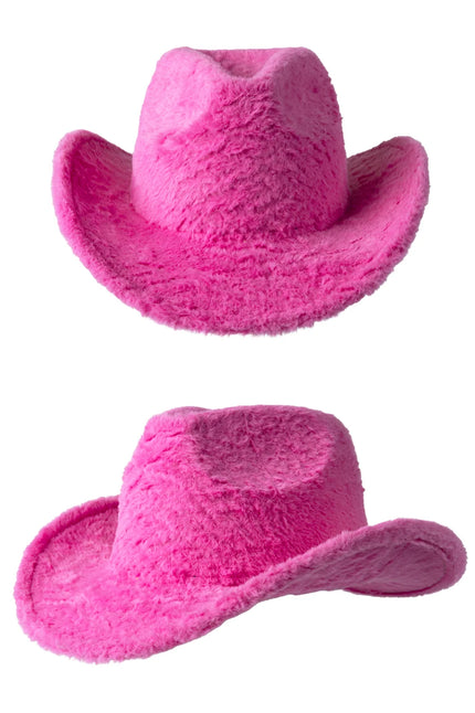 Cowboyhoed kort bont knalroze met ingedeukte bol en opgekrulde rand, voor een themafeest