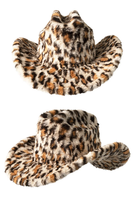 Cowboyhoed kort bont pantherprint in bruin, zwart en crème met ingedeukte bol en opgekrulde rand, voor een westernfeest