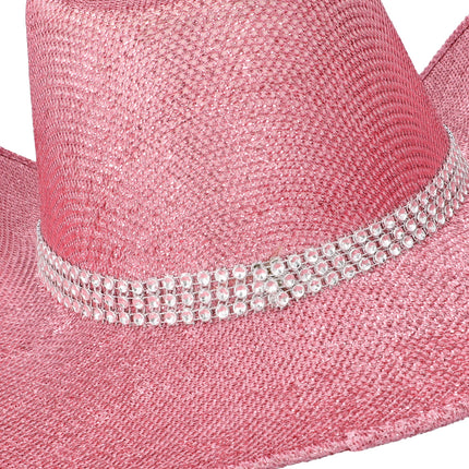 Cowboyhoed Midnight roze in detail, met een band van drie rijen zilverkleurige strass op de geweven structuur