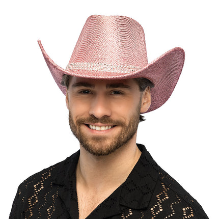 Cowboyhoed Midnight roze met strassband voor heren, van voren gedragen met glinsterende rand voor een westernfeest
