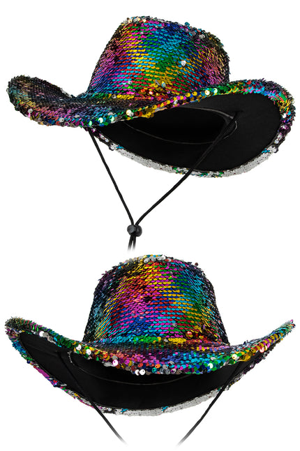 Cowboyhoed rainbow pailletten van boven en van voren, met zwart koord en zilveren onderrand
