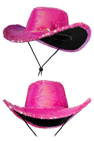 Cowboyhoed roze met pailletten, boven- en vooraanzicht met zwart stormkoord