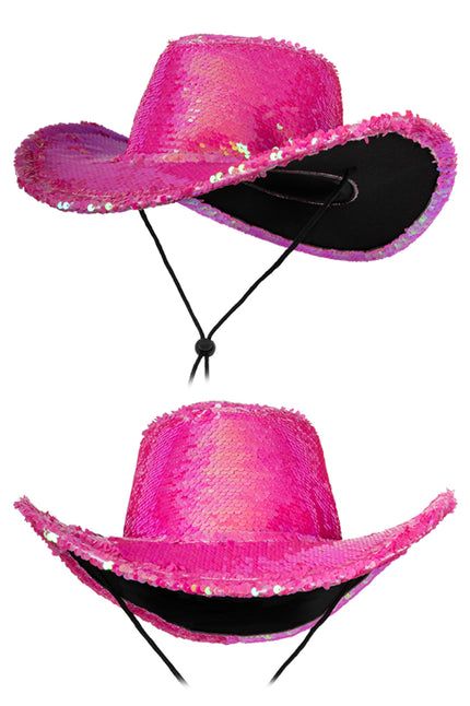 Cowboyhoed roze met pailletten, boven- en vooraanzicht met zwart stormkoord